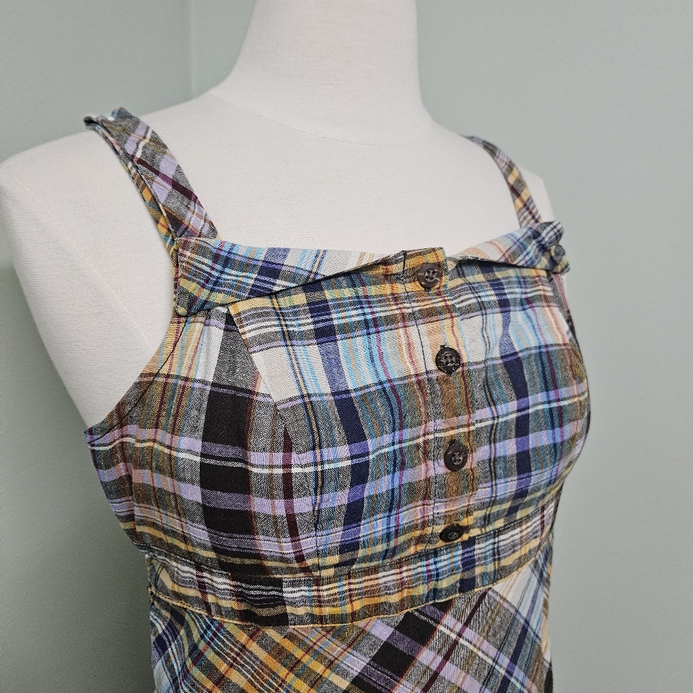 Old Navy Plaid Earthy Spring Dress Bias Cut Preppy Y2K Retro Brown Yellow - Picture 3 of 12